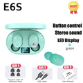 Mint green e6s wireless bluetooth earbuds with matching charging case featuring led display for gaming use