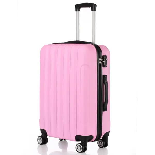 Pink hard-shell large capacity suitcase with black trim wheels and handle from the 3-in-1 pink hard shell suitcase set.