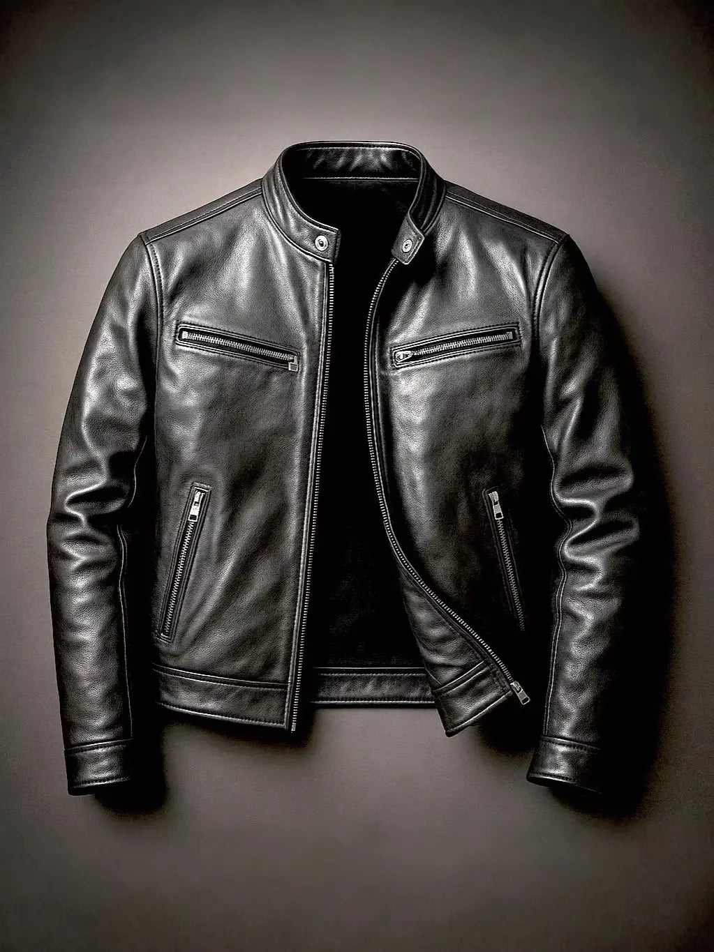 Men pu leather motorcycle jacket stand collar in black with silver zippers and snap buttons.