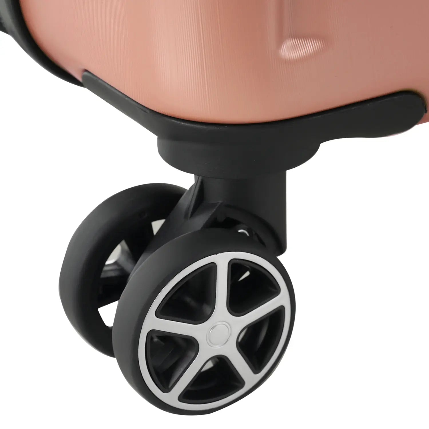 Rose gold 28 inch expandable hardshell spinner suitcase with black and silver spinner wheels.