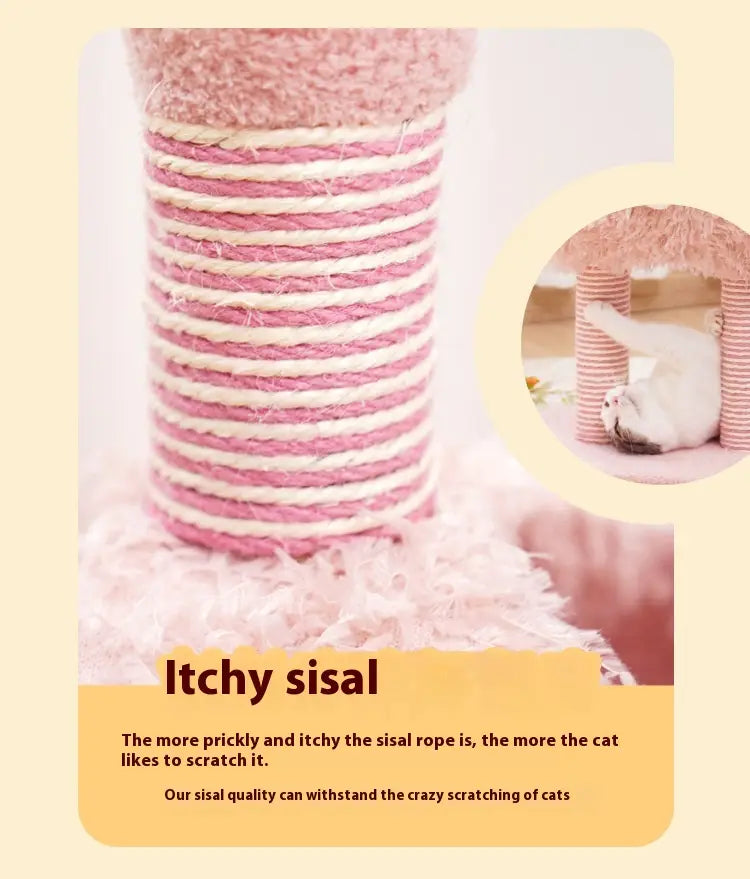 nido para árbol de gato en forma de flamenco, con poste rascador de sisal rosa, que presenta un poste rascador de sisal a rayas rosa y blanco para gatos.