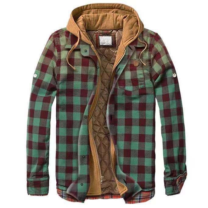 Men quilted plaid hooded jacket featuring a cozy long-sleeved flannel design with green and maroon plaid pattern and a tan fleece-lined hood.