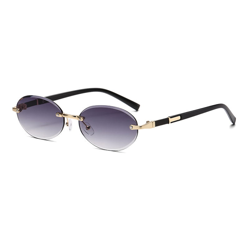 Frameless oval UV400 fashion sunglasses with metal accents featuring black and gold frames and gradient gray lenses.