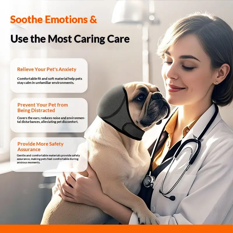 cache-oreille souple gris pour chiens anxieux en néoprène, présenté depuis la face arrière, faisant partie de la gamme de produits de bonnet de bain rose en néoprène protecteur d’oreilles
