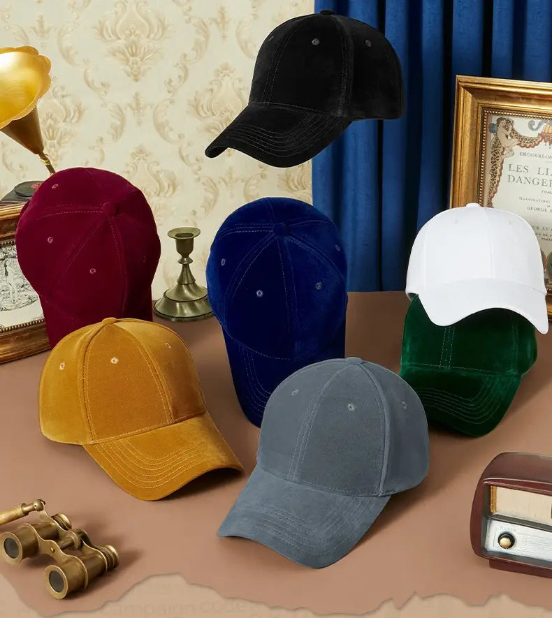 A collection of six men’s suede baseball caps in black maroon blue white mustard yellow and gray featuring thickened velvet material suitable for winter.