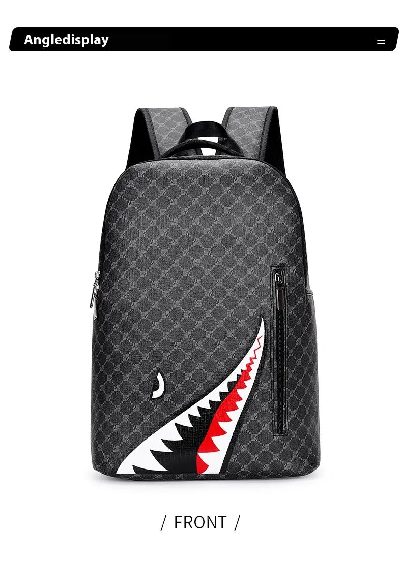 Black backpack with large capacity geometric pattern made of PU material featuring a bold white red and black shark mouth graphic on the front for business use.