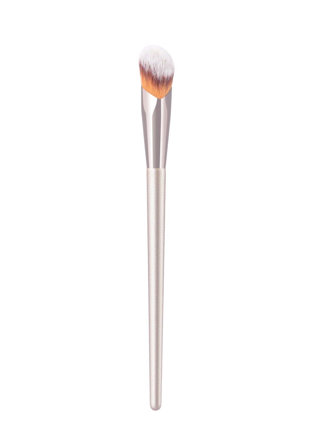 A sleek silver finger belly makeup brush with a gradient of white and orange bristles designed as a professional contour tool.