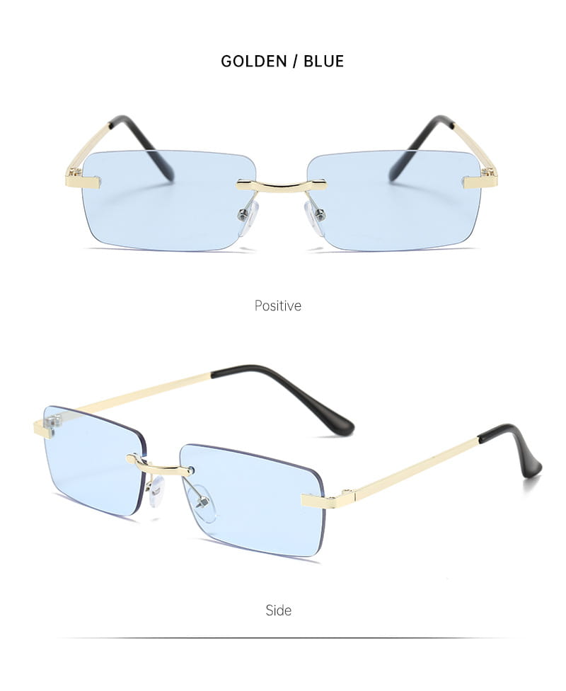 Retro-Sonnenbrillen ohne Rand im quadratischen Format mit goldfarbenem Rahmen, hellblauen Gläsern und schwarzen Bügelspitzen, als 6er-Set.