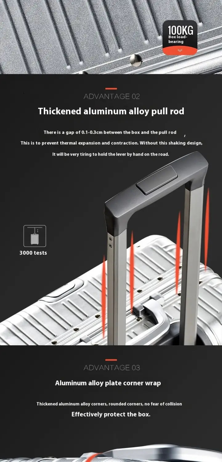 Thickened black aluminum alloy pull rod with textured grip and integrated bearing for smooth travel handling on aluminum magnesium luggage hardshell spinner suitcase.