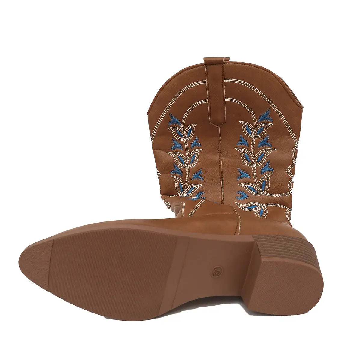 Brown leather embroidered western cowboy boot with blue and white leaf patterns featuring a pointed toe and chunky heel.