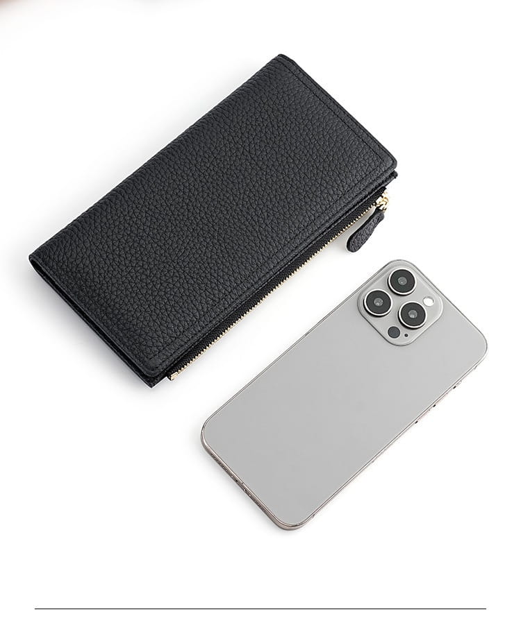 Black textured cowhide leather anti theft RFID long zip wallet with zipper closure.