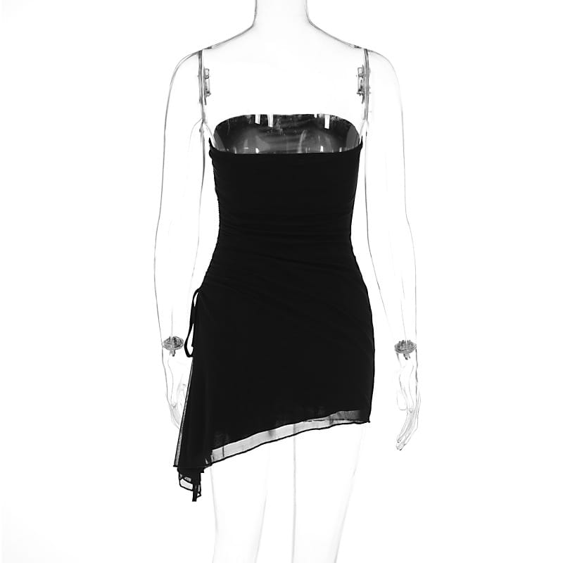 Black strapless ruched mini dress with sheer overlay and asymmetrical hemline featuring a side slit.