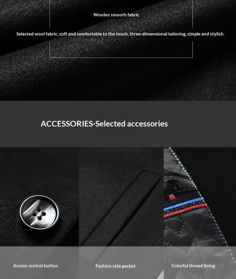 Black woolen smooth fabric mens wool overcoat with a sleek three-dimensional tailored design for warm winter wear.