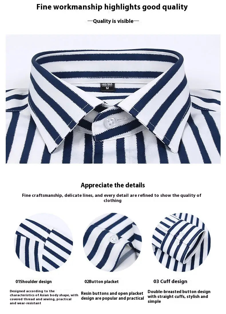 Herren gestreiftes Langarm-Slim-Fit-Hemd mit einem klaren Marine-und-Weiß-Gestreiftem Muster, klassischem Kragen, Kunstharzknöpfen sowie Doppelreiher-Manschetten.