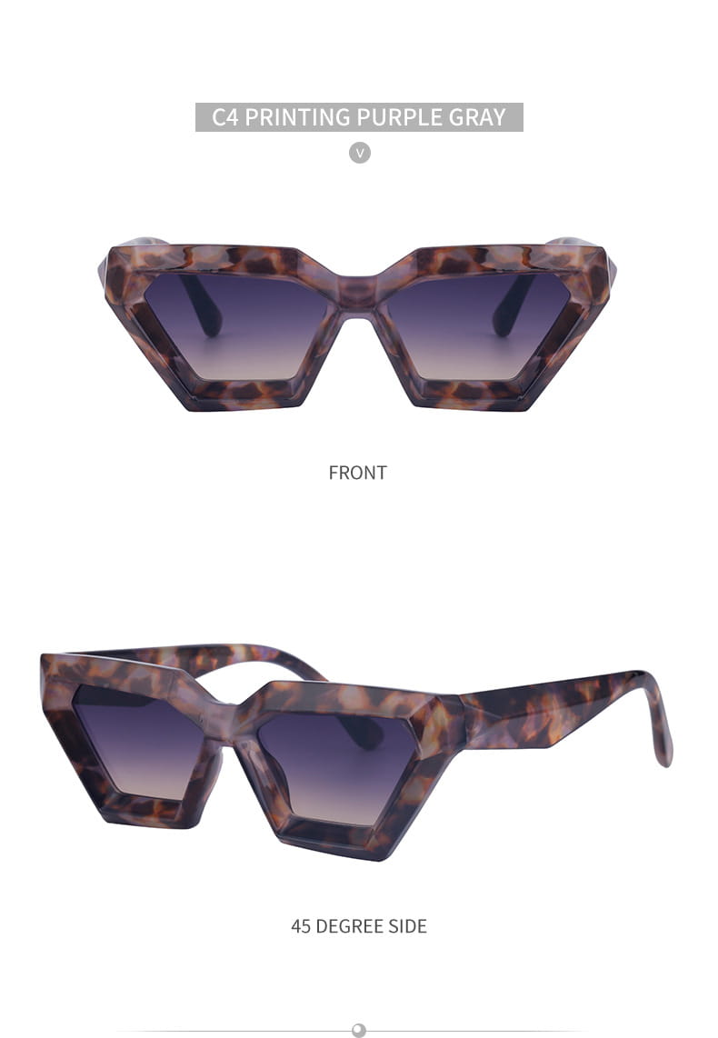 modern irregular cat eye uv400 geometric sunglasses featuring tortoiseshell-patterned frames and gradient purple-gray lenses designed for stylish sun protection.