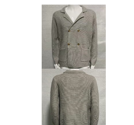 cárdigan de doble botonadura de punto para hombre en gris con textura, con un sutil patrón a rayas y dos bolsillos delanteros, confeccionado con material de punto