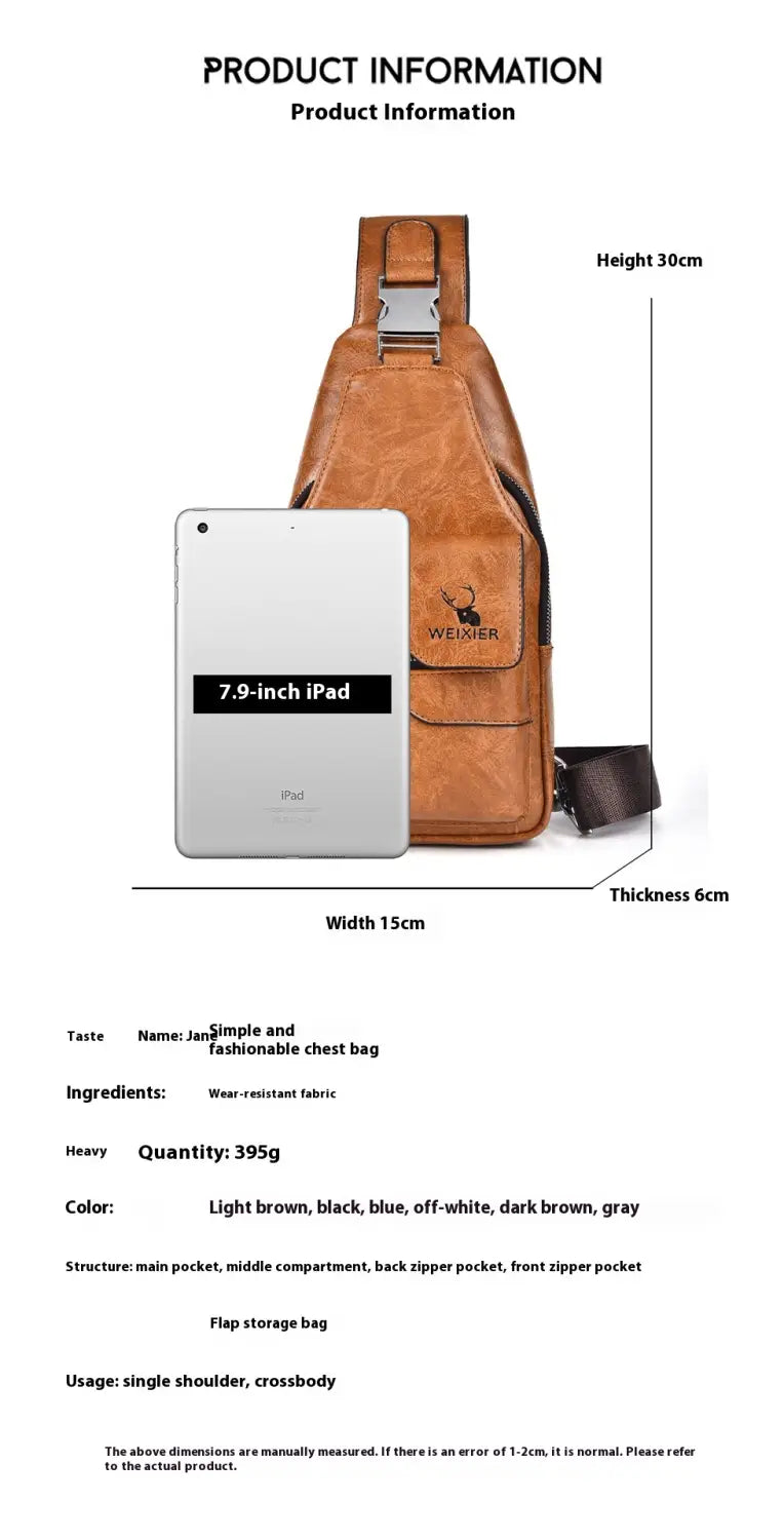 Men’s retro waterproof faux leather crossbody chest bag in tan with a silver metal buckle and front zipper pocket.