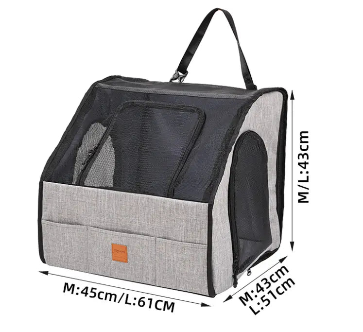 Porte-siège pliable pour chien en maille gris et noir avec extérieur en tissu robuste et poignée supérieure pour un transport facile, conçu comme un tapis pour animal de compagnie imperméable