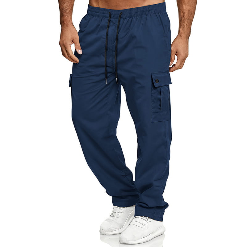 Mens straight leg cargo work pants in navy blue with a black drawstring waistband and multiple functional pockets.