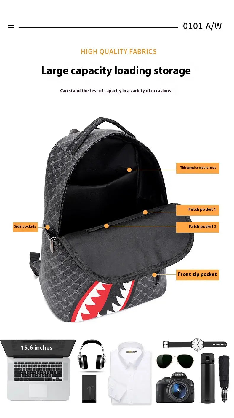 black shark backpack with bold shark mouth graphic, geometric pattern, multiple compartments, large capacity pu business bag