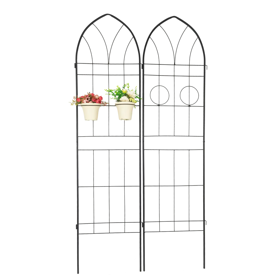Black wrought iron metal garden trellis with arched top and circular cutouts featuring two hanging white planters for climbing plants.