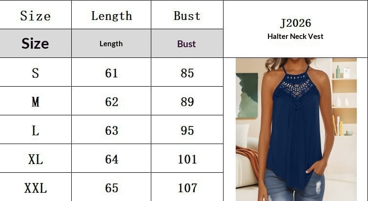 Navy blue embroidered halter camisole vest featuring lace detailing at the neckline.