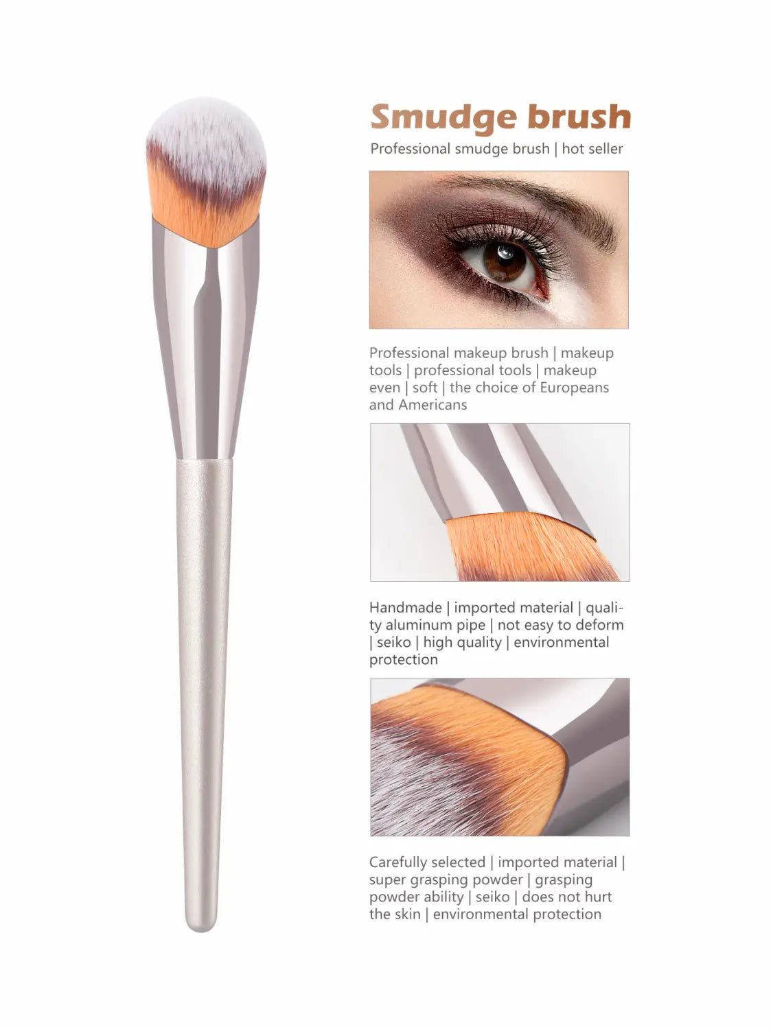 Silver smudge brush with soft gradient-colored bristles designed as a professional contour tool for precise makeup application.