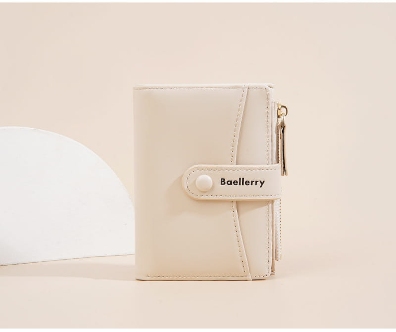 Cartera de color crema para mujer, cartera corta Baellerry de cuero PU, con diseño minimalista, cierre mediante botón y cremallera con tono dorado.