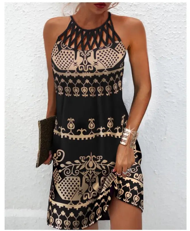 Black and beige geometric print halterneck asymmetrical midi dress featuring intricate ornamental designs.