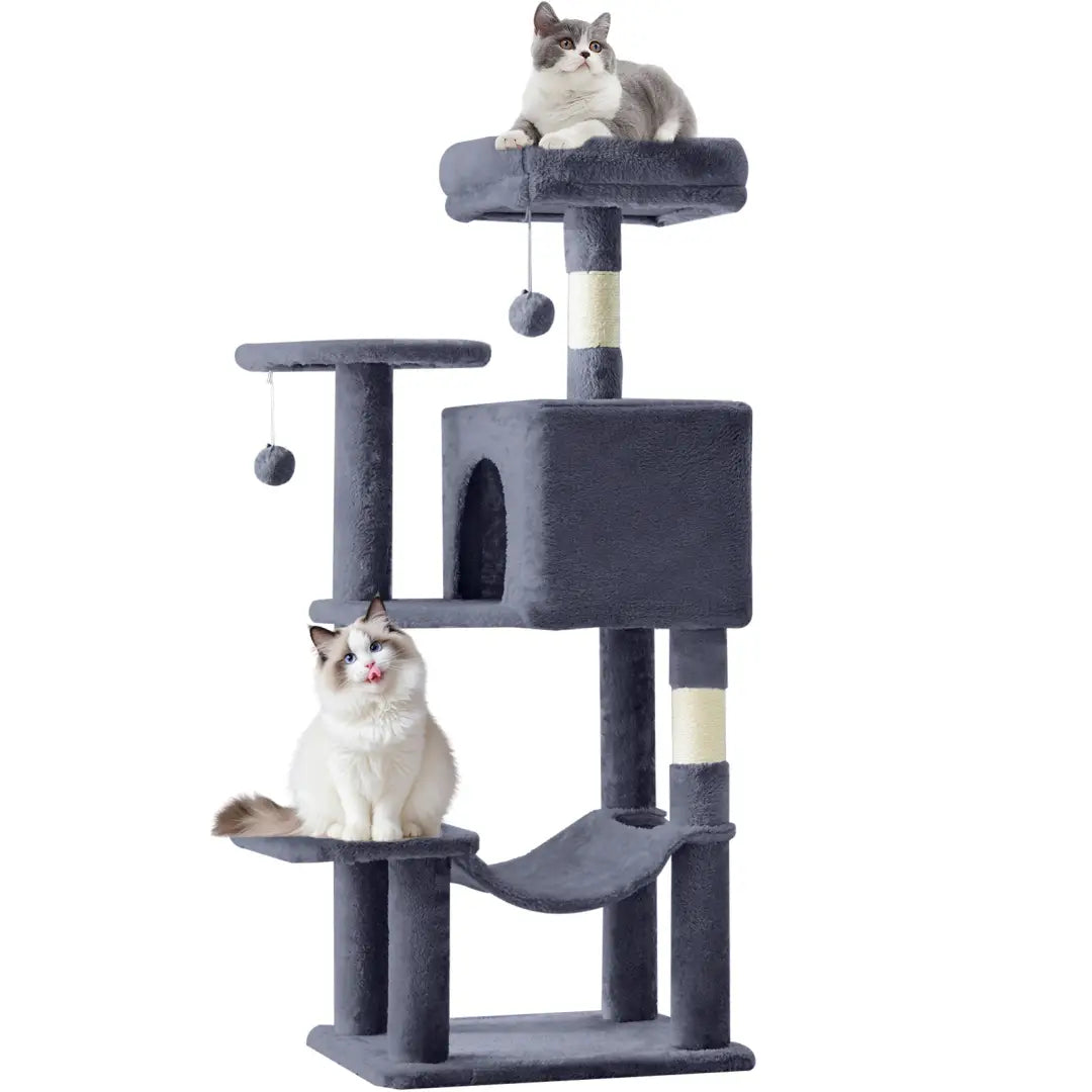 Dark gray 44 inch multi-level cat tree tower featuring plush platforms, a hanging hammock, and sisal-wrapped scratching posts for cat entertainment and exercise.