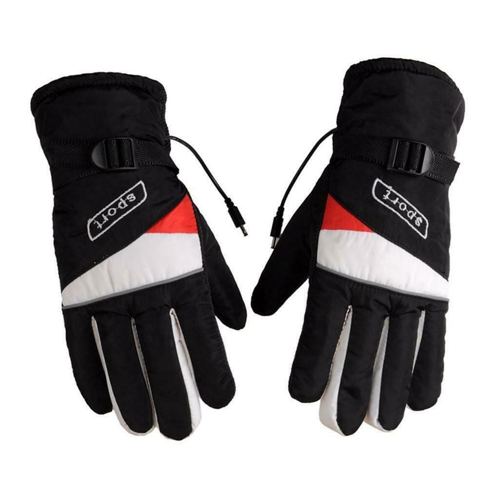 black red and white insulated electric heated gloves for winter sport riding showing the back side with a sport logo on each hand