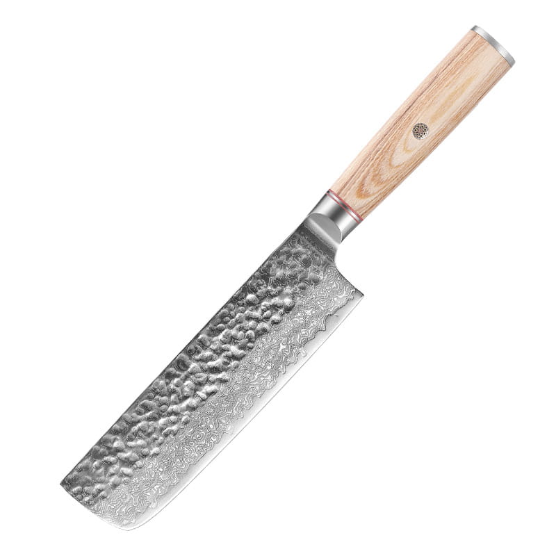 Un cuchillo de chef de damasco de acero martillado, elegante, con mango de madera clara y montura de acero inoxidable del set de cuchillos de chef de damasco de 7 piezas con mango de madera martillado.