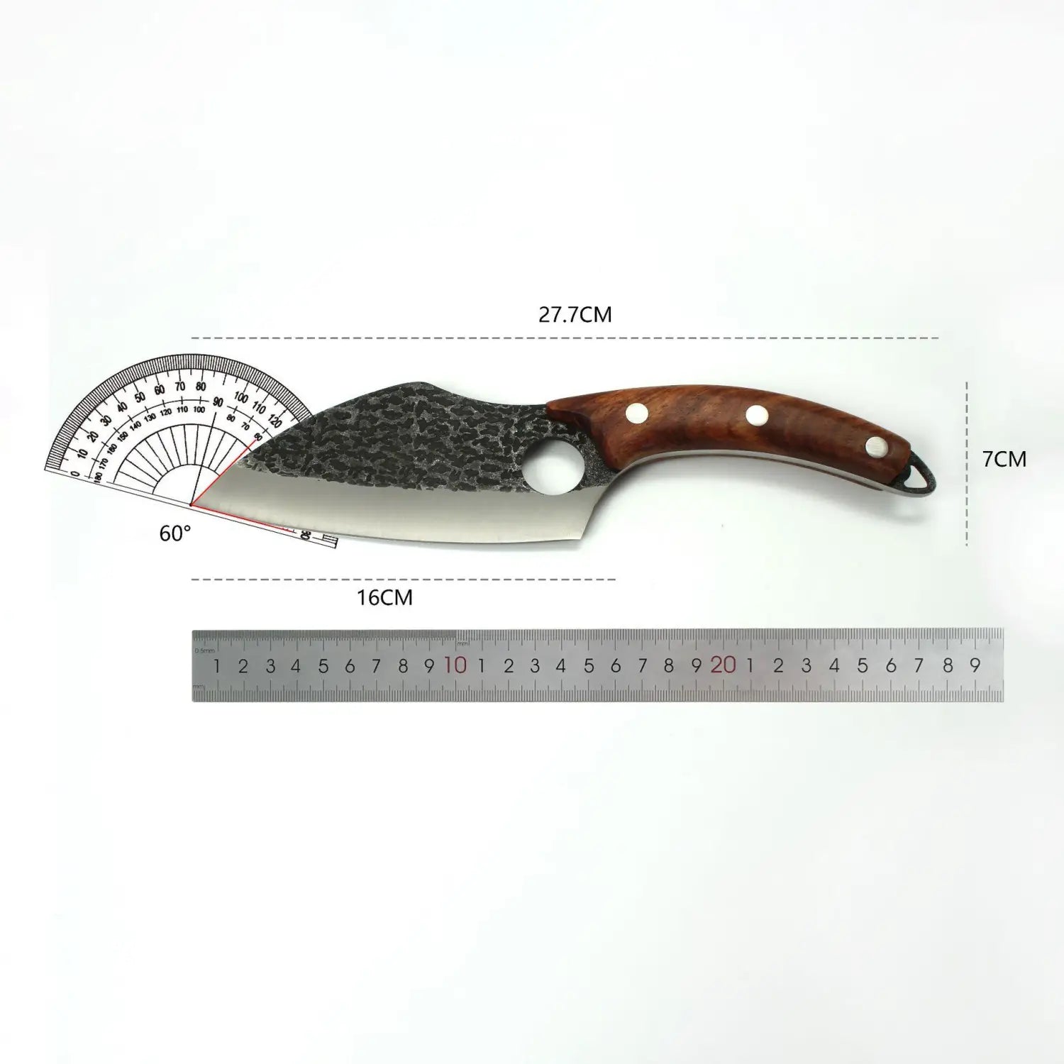 Un couteau à désosser élégant, d’une longueur de 27,7 cm, doté d’une lame en acier au carbone à haute teneur noire martelée et d’un manche en bois brun riche, fixé par trois rivets blancs avec étui.