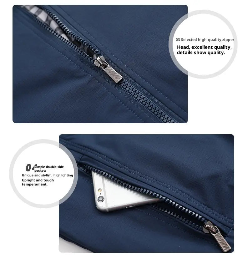 Veste bombardier légère pour homme en nylon bleu marine, avec fermeture éclair à finition ton argent et doubles poches latérales, avec doublure à carreaux.