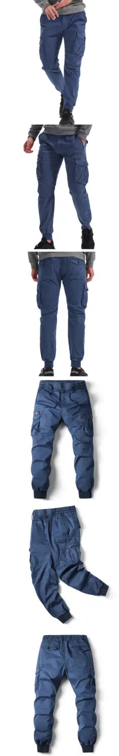 Men’s slim fit blue denim cotton cargo work pants with multiple pockets and a relaxed fit.