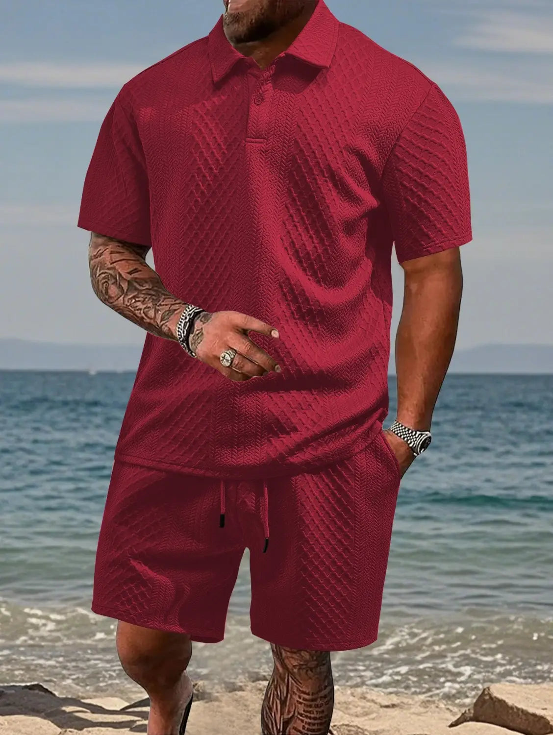 Men textured short sleeve polo suit featuring a red textured knit polo shirt and matching shorts set.