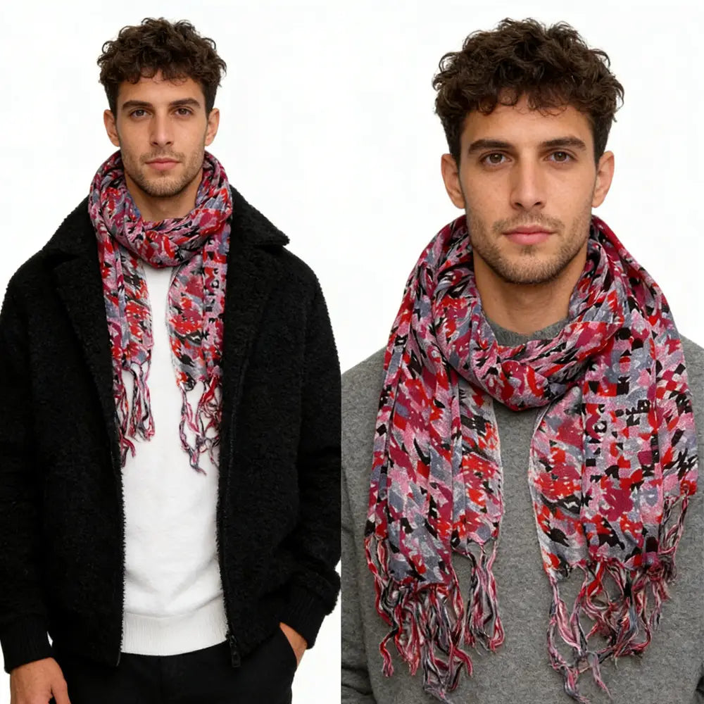 Una bufanda larga de viscosa fluida roja vibrante con patrones de gris y negro y extremos con flecos, adecuada para vestidos.