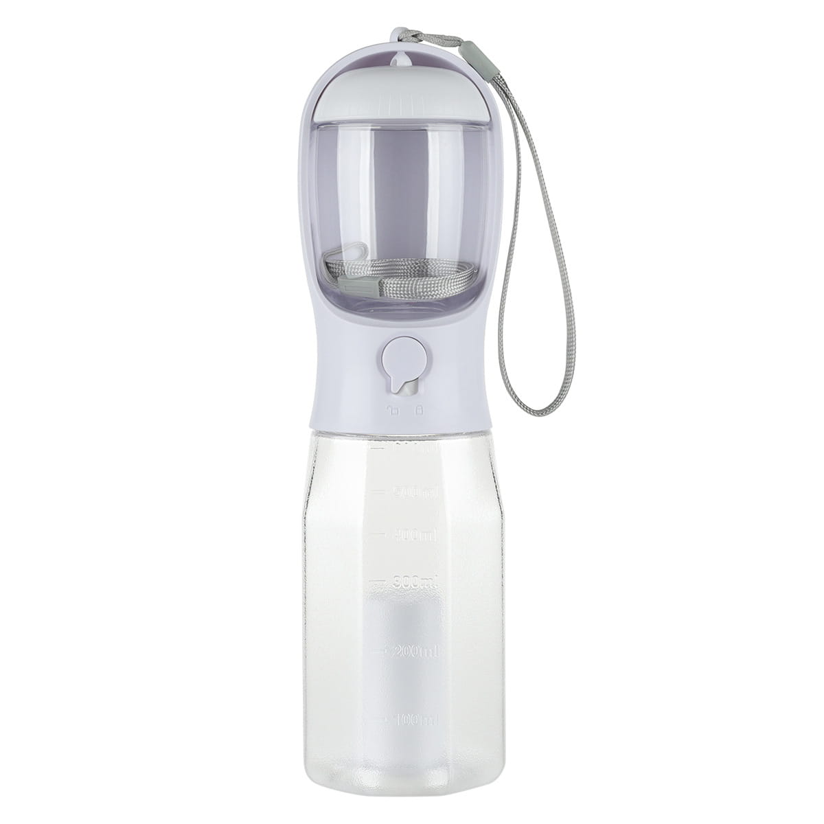 Gourde pour chien en plastique transparent avec couvercle gris, compartiment de filtre en maille et bandoulière, conçue comme un distributeur portable 3 en 1 avec sac à crottes.