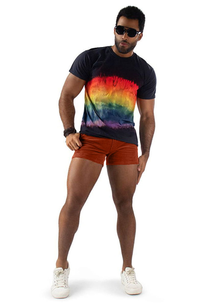 black short-sleeved t-shirt with vibrant rainbow tie-dye pattern across the chest paired with men corduroy beach shorts casual mid rise.