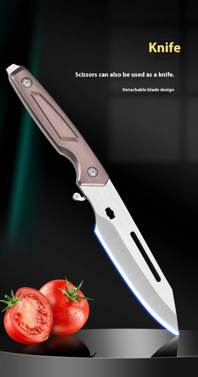 A sleek metallic folding chicken bone scissors stainless steel kitchen shears with a detachable blade design and a rose gold-colored handle.