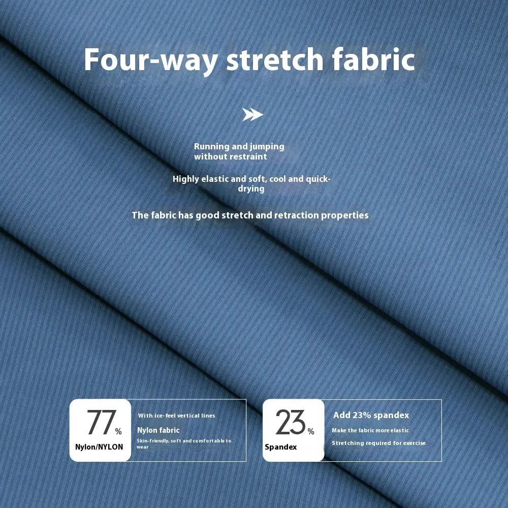 men’s quick dry nylon loose fit athletic track pants made of blue four-way stretch fabric with subtle vertical ribbing composed of 77 percent nylon and 23 percent spandex