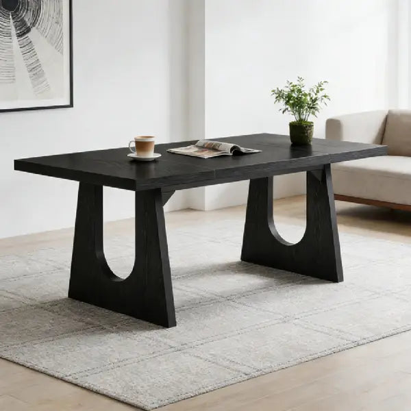 Escritorio ejecutivo negro de 70 pulgadas, mesa moderna de madera, con una superficie de comedor en madera negra elegante, patas en forma de U distintivas y un diseño contemporáneo.