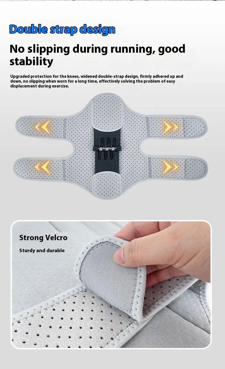 Soporte para rodillera elevadora gris con doble correa y cierre de velcro, diseñado para trepar y correr.