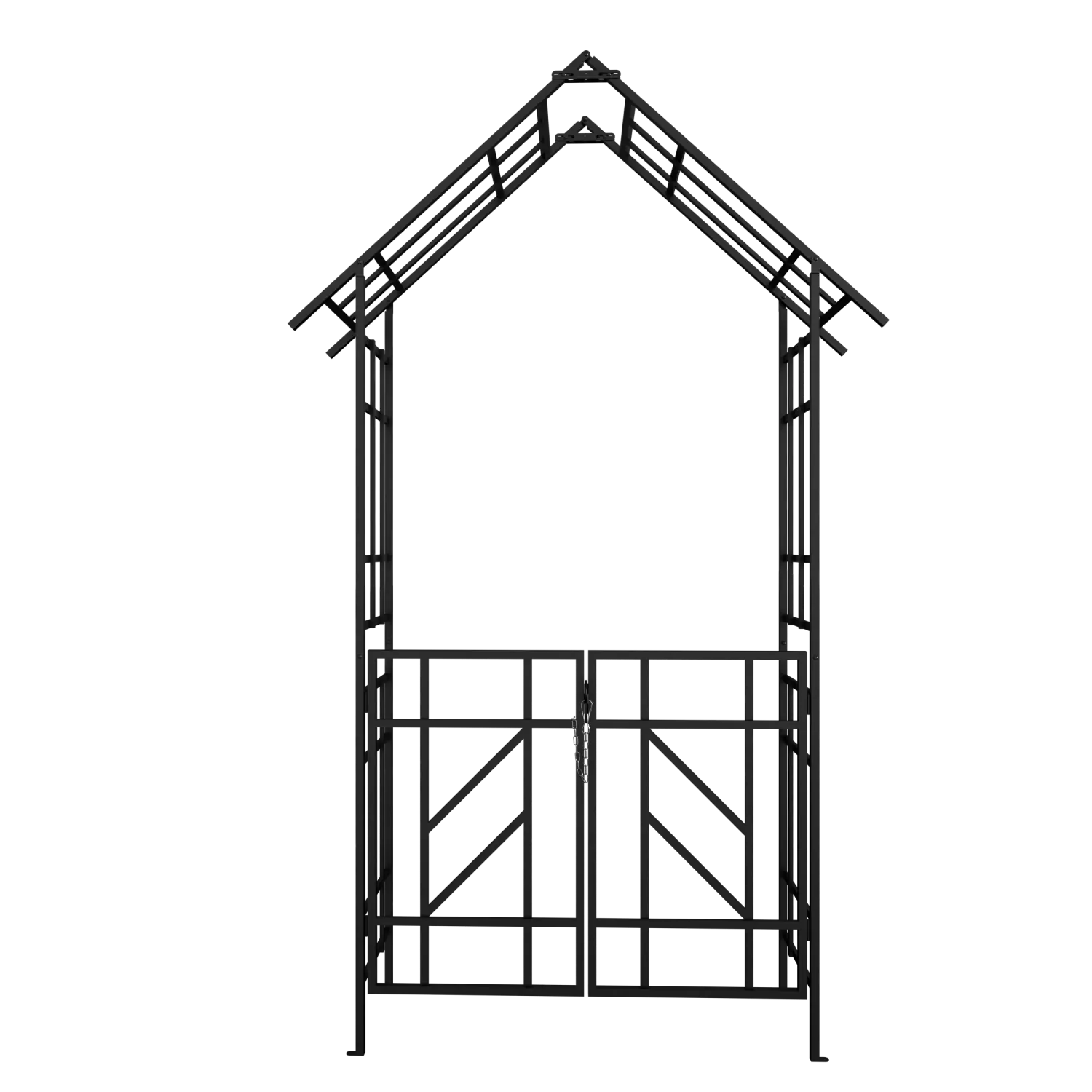 Black metal garden arbor with peaked roof and lattice panels featuring a gate trellis design in black iron measuring 97 inches.