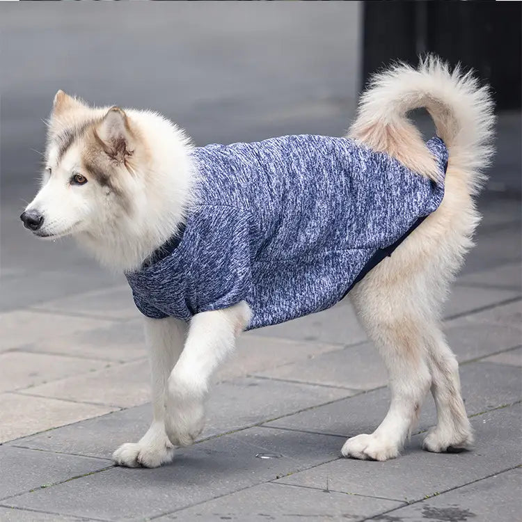 Manteau pour chien en tricot acrylique bleu chiné, conçu comme un pull d’hiver chaud et confortable pour les grands chiens, présenté du côté arrière.