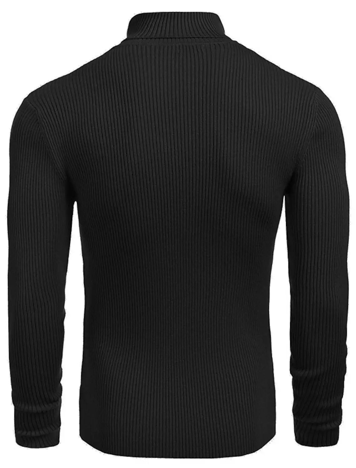 Herren-Turtleneck-Pullover Slim Fit aus schwarzem geripptem Strick mit langen Ärmeln und schlanker Silhouette.