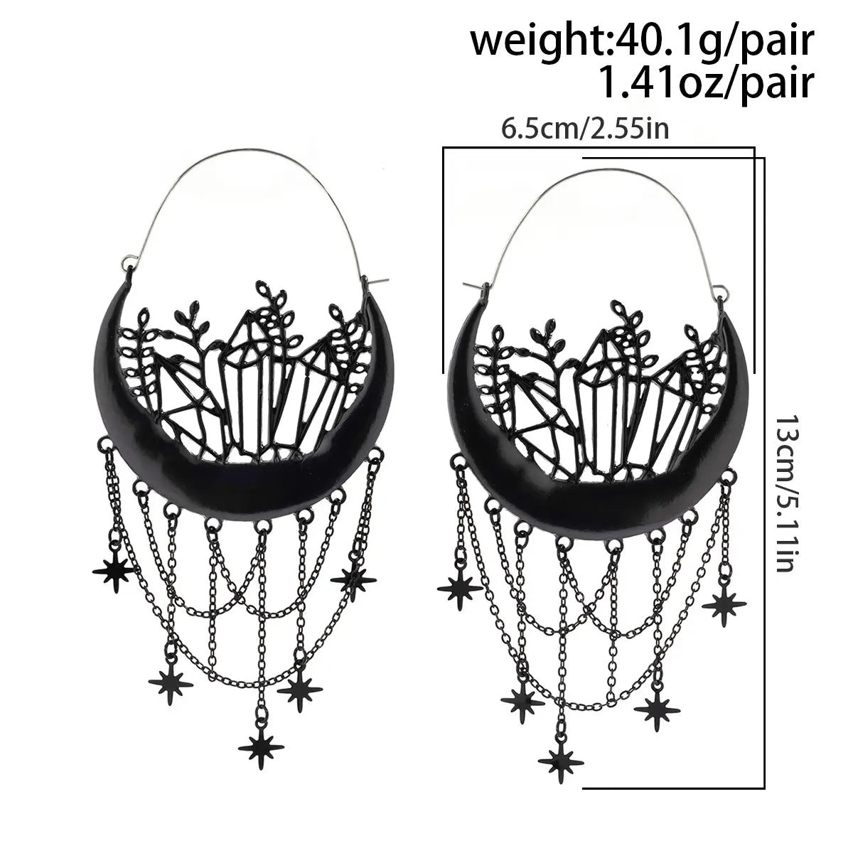 Ohrringe mit schwarzem Halbmond-Tassel-Design in Schwarz mit aufwendigen Kristall- und Blatt-Aussparungen sowie baumelnden Sternketten.