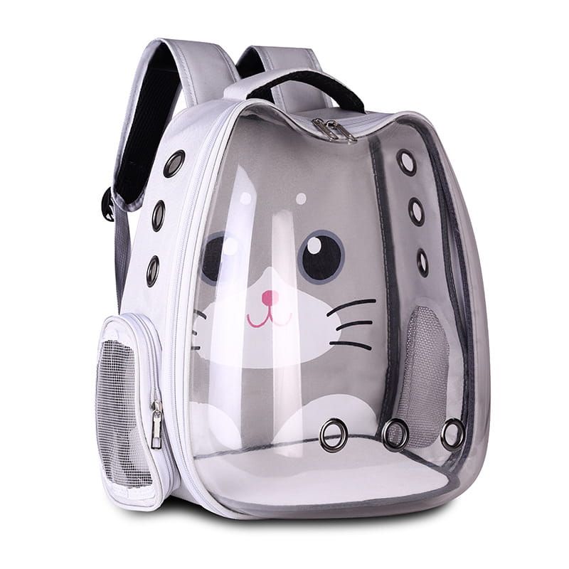 Transparent breathable gray cat backpack carrier with black circular ventilation holes and mesh side pockets for pet transport.