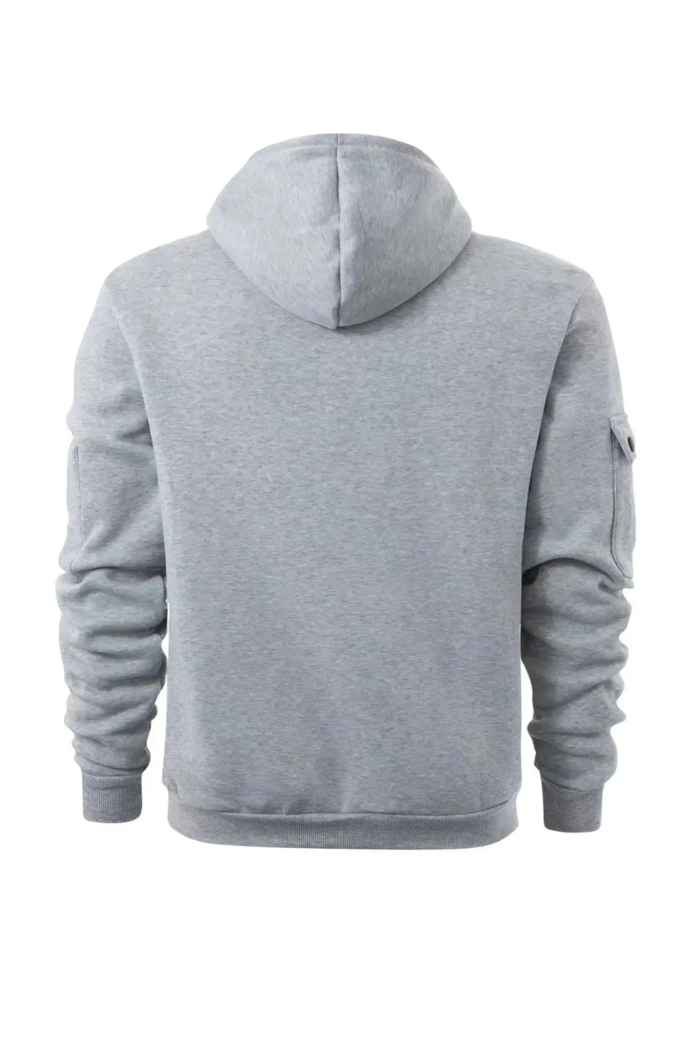 Sudadera deportiva con cierre para hombre en tallas grandes en tejido jaspeado gris, con capucha incorporada, bajo y puños acanalados, y bolsillo tipo parche en la manga izquierda.