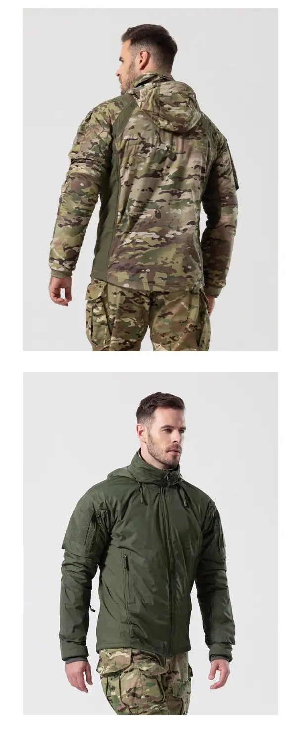 Veste tactique légère en coton softshell en vert olive, présentant un design de camouflage de style militaire, avec capuche et plusieurs poches.